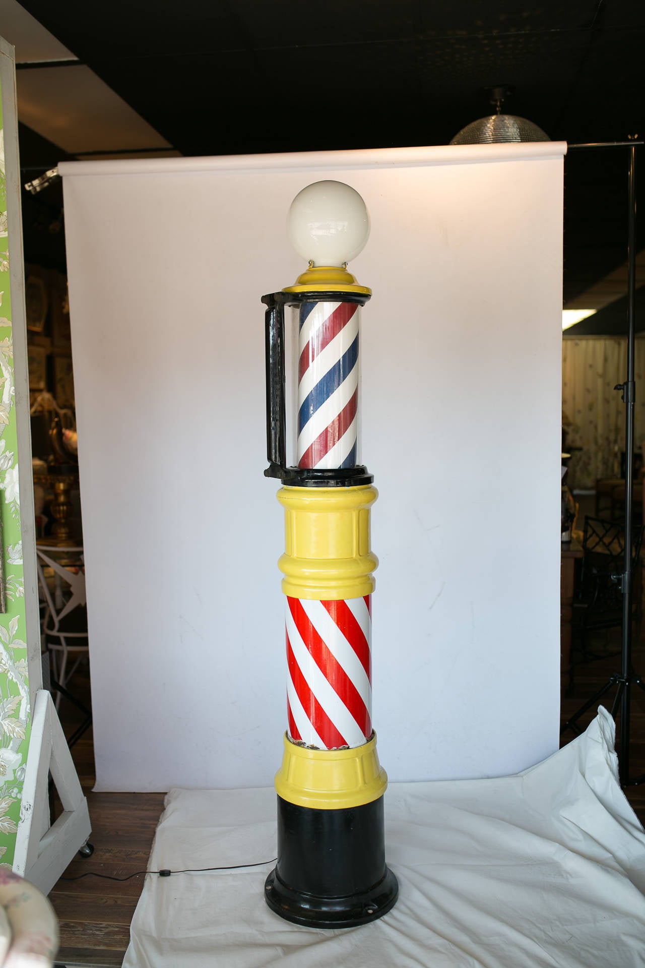 Dating from the 1920s, this brightly hued Theo A. Koch of Chicago brand barber pole has been newly wired and the globe and spinning stripes refurbished. The perfect conversation piece for a basement bar or for that special gent’s study.