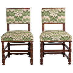  English Tudor Style Side Chairs with Flame Stitch Fabric, Pair
