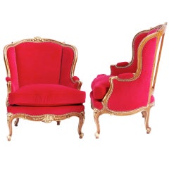 Pair Of Large Louis XV style Armchairs with red velvet fabric