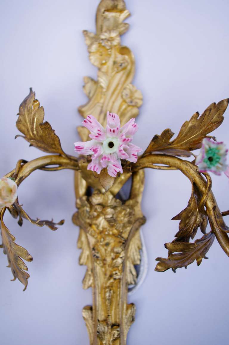 French Pair of Louis XV Style Pair of Sconces with Porcelain Flowers, circa 1900
