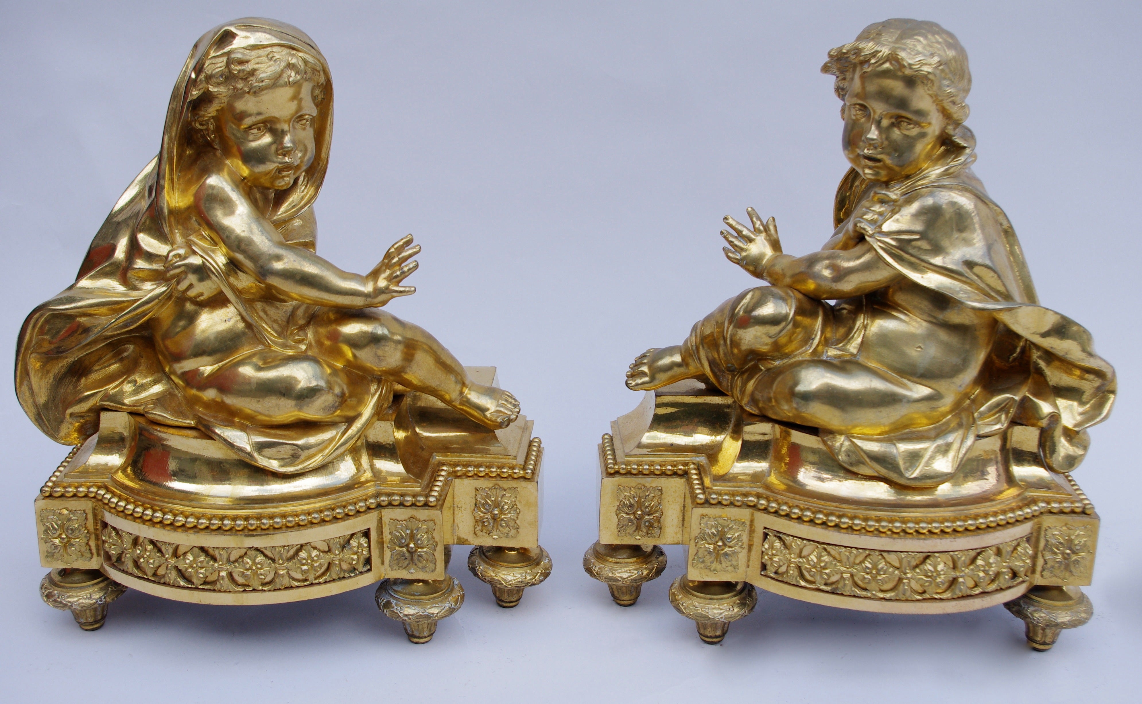 19th Century Pair of Louis XVI Style Firedogs in Gilt Bronze