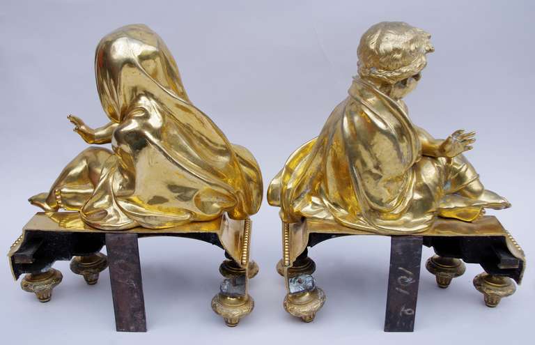 19th Century Pair of Louis XVI Style Firedogs in Gilt Bronze 3