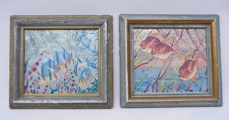 Pair of oils on aluminium mounted on cardboard representing fishes, blue and yellow with stripes for ones and red for the others, moving in seabed composed with coral and seaweeds with different colors.

Signed “P. Raffy” on the bottom left