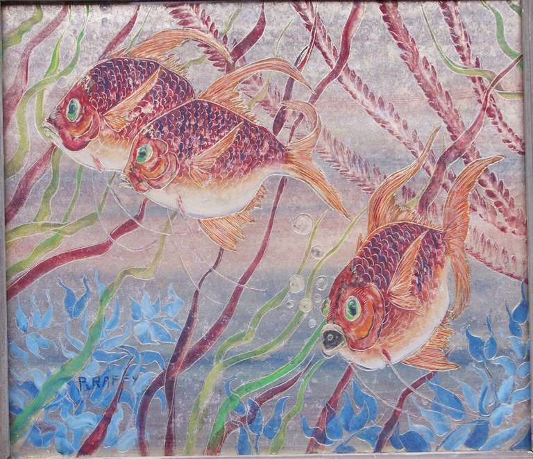 French Pierre Raffy, Pair of Oils on Aluminium Figuring Fishes, circa 1950