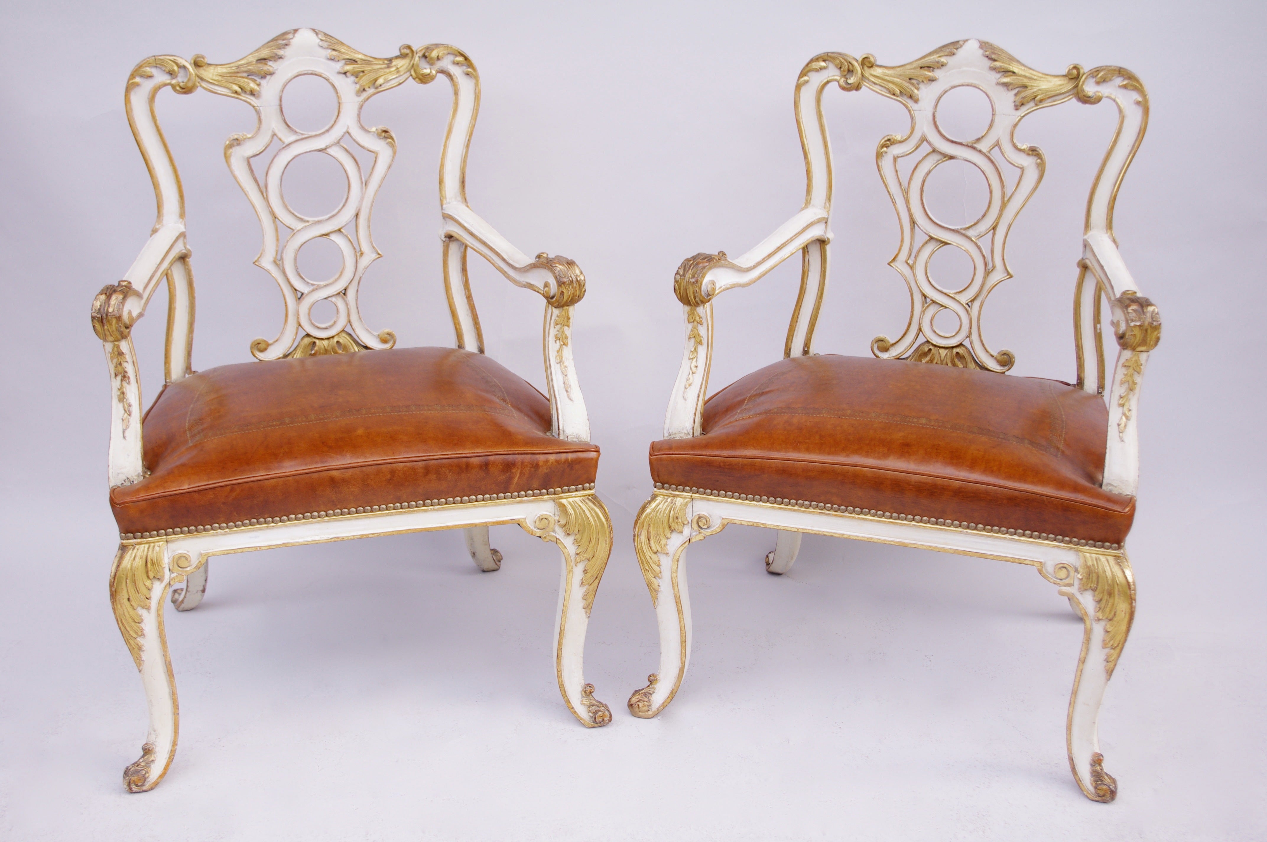 Pair of Large "Gondola" Armchairs With Brown Leather, circa 1925 