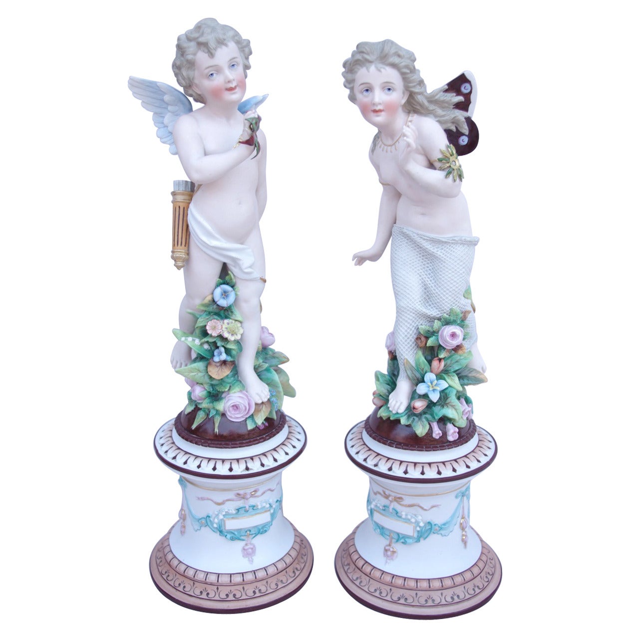 Pair of sculptures in biscuit "Psyche and Cupid" circa 1900
