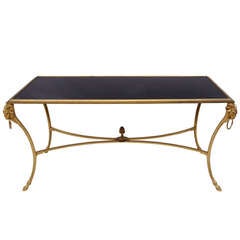 Circa 1960 Elegant Directoire Style Coffee Table in Gilded Bronze and Black Glass Top