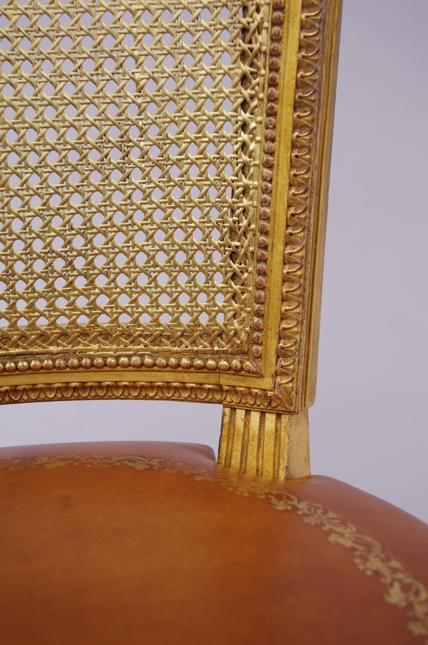 French Pair of Louis XVI Style Gilt Carved Cane Armchairs, circa 1880