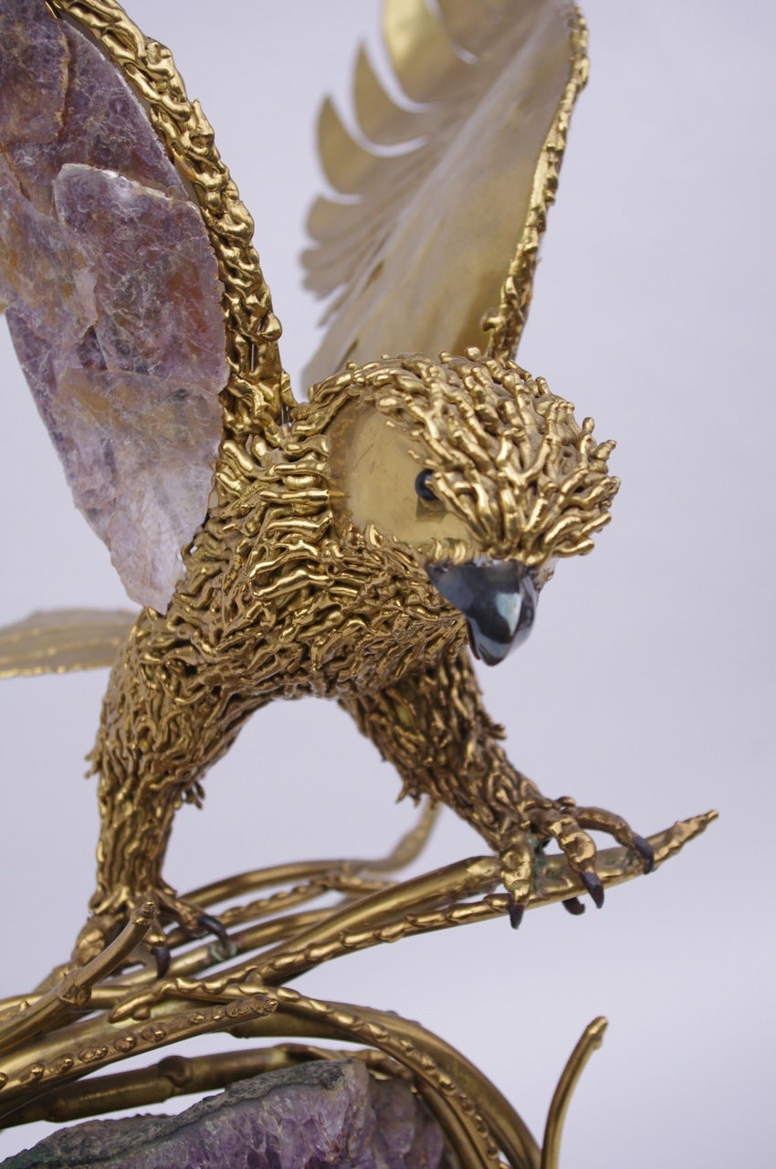 . Wings of the eagle are illuminated also the big amethyst stone
. Raw soldered gilt brass
. Work circa 1970
. Signed RICHARD FAURE, french sculptor
