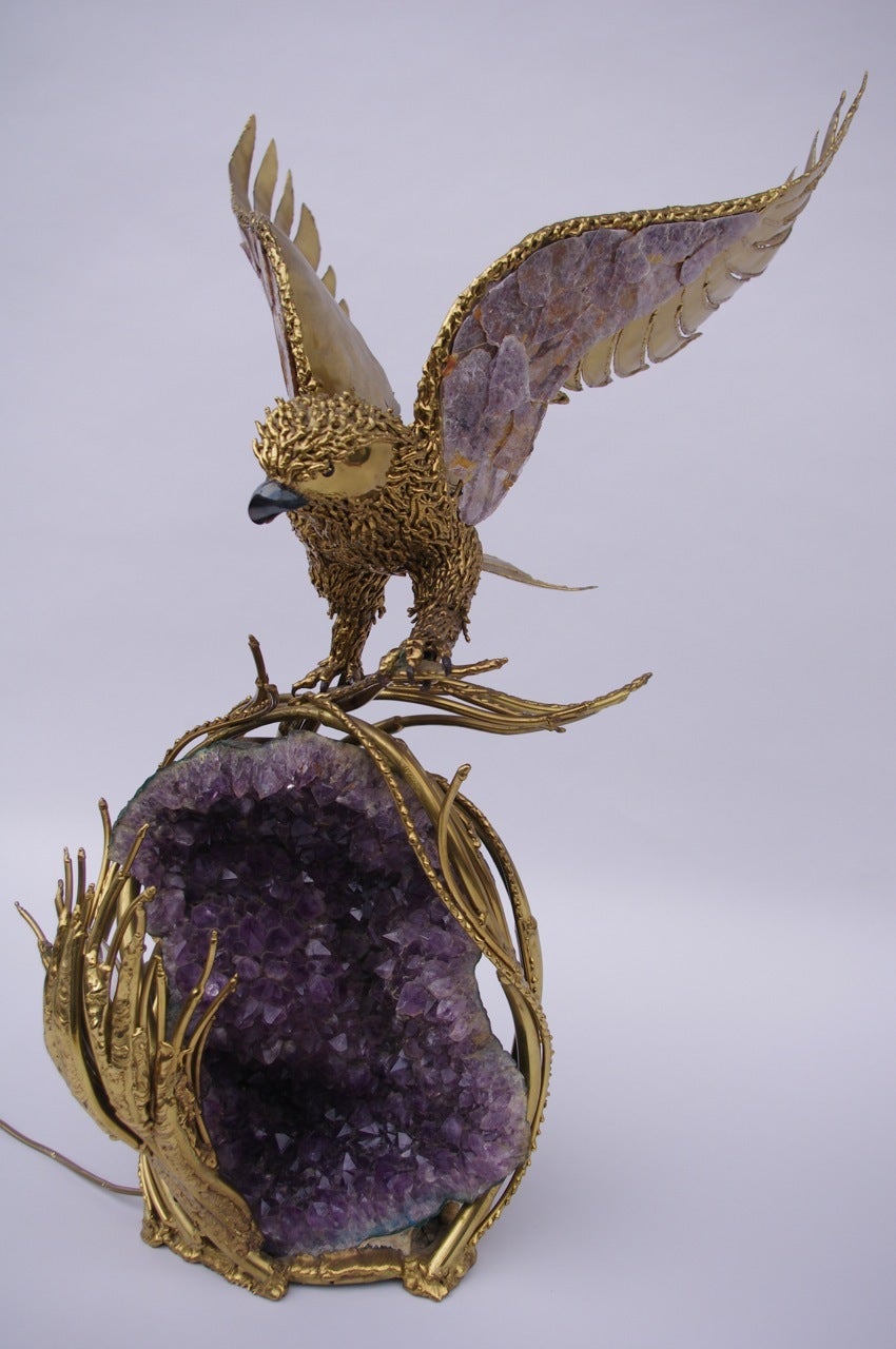 Modern Sculpture, Amethyst and Gilt Brass Illuminated Eagle by Richard Faure, 1970