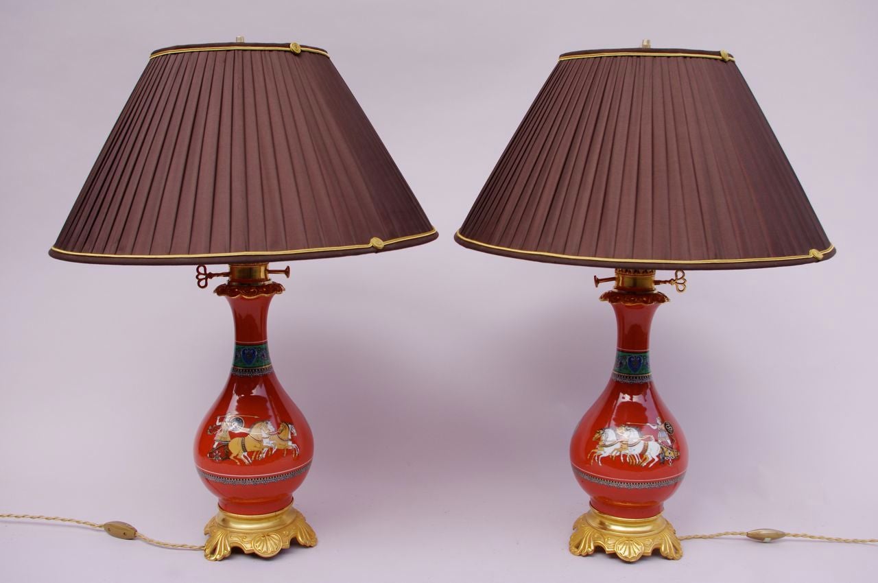 19th Century Pair of Greco Roman Style Lamps in Paris Porcelain