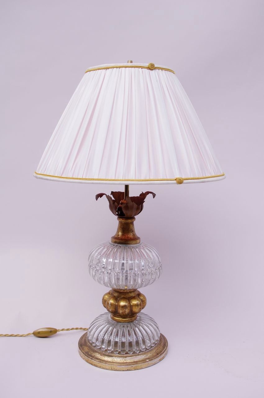19th Century Gilded Wood and Crystal Lamp