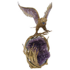 Vintage Sculpture, Amethyst and Gilt Brass Illuminated Eagle by Richard Faure, 1970