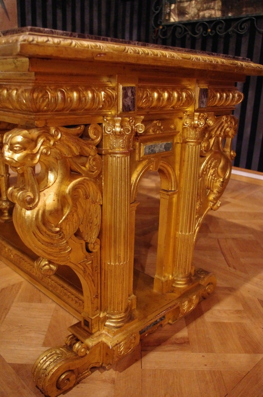 Néo Renaissance Style Giltwood Table with Marble Top, 19th Century In Good Condition For Sale In Saint-Ouen, FR