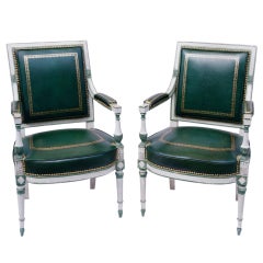 Pair of Louis XVI Style Period White and Green Leather Armchairs
