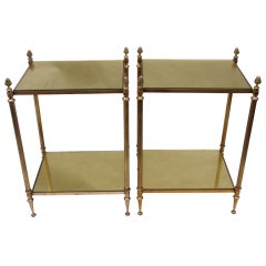Pair Of Side Tables In Gilded Brass And Gold Leaves On Top