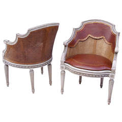 pair of  Louis XVI style desk armchair in grey lacquer and canned of circa 1900