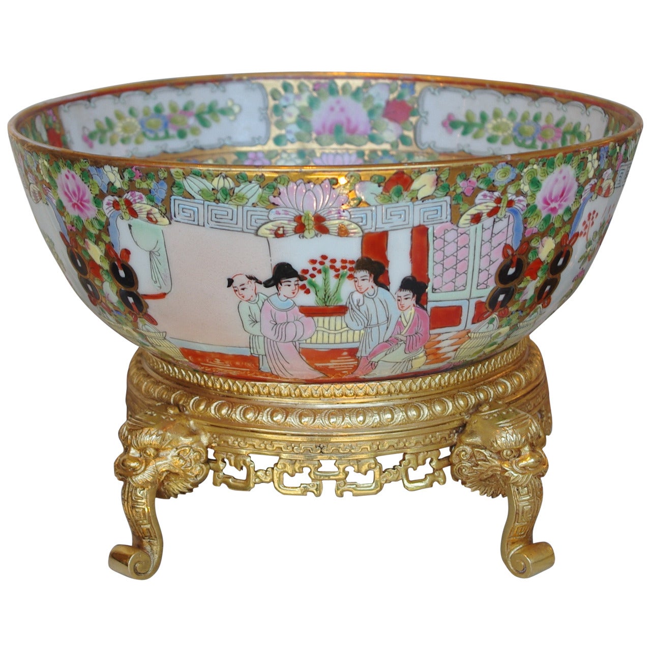 Canton Porcelain Punch Bowl Standing on Chiseled Gilt, circa 1880