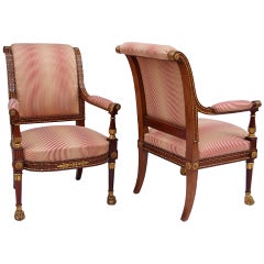 Pair of 19 C. Empire Style in Mahogany Armchairs