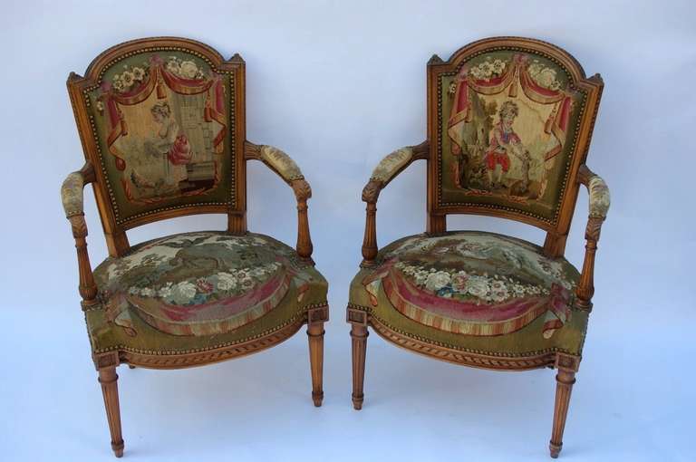 French 7 pieces 19th c. Louis XVI period Aubusson tapestry living room set