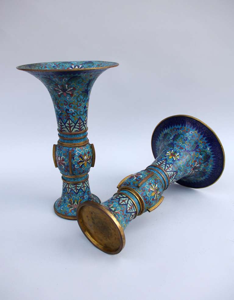 18th Century and Earlier 18th Century Pair Of Chinese Cloisonne Enamel Trumpet Vases