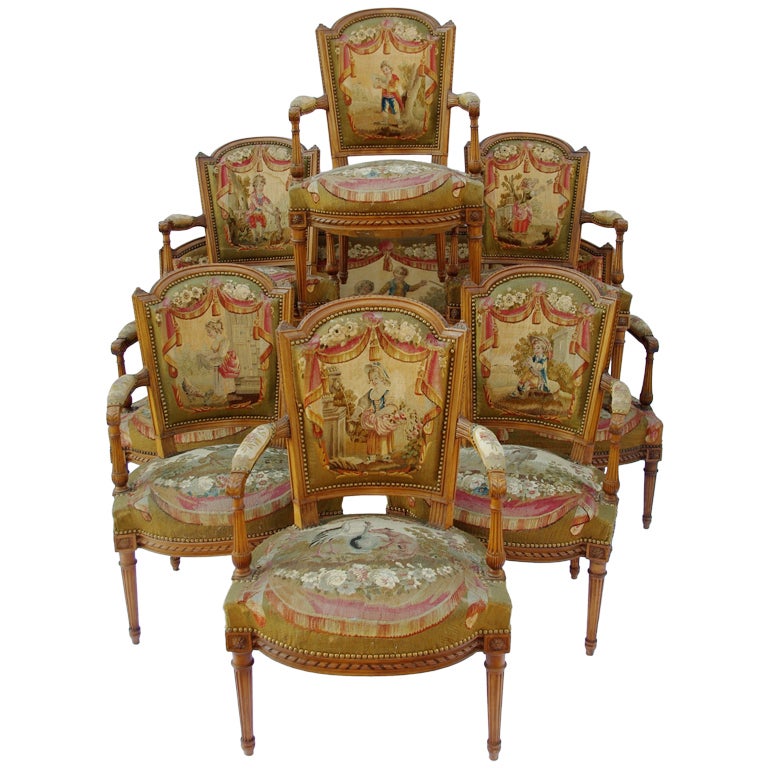 7 pieces 19th c. Louis XVI period Aubusson tapestry living room set