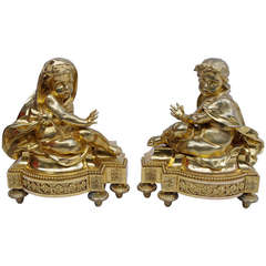 19th Century Pair of Louis XVI Style Firedogs in Gilt Bronze