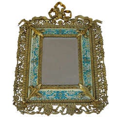 19th C. Unusual Gien Faience and Openwork in Gilded Bronze Mirror