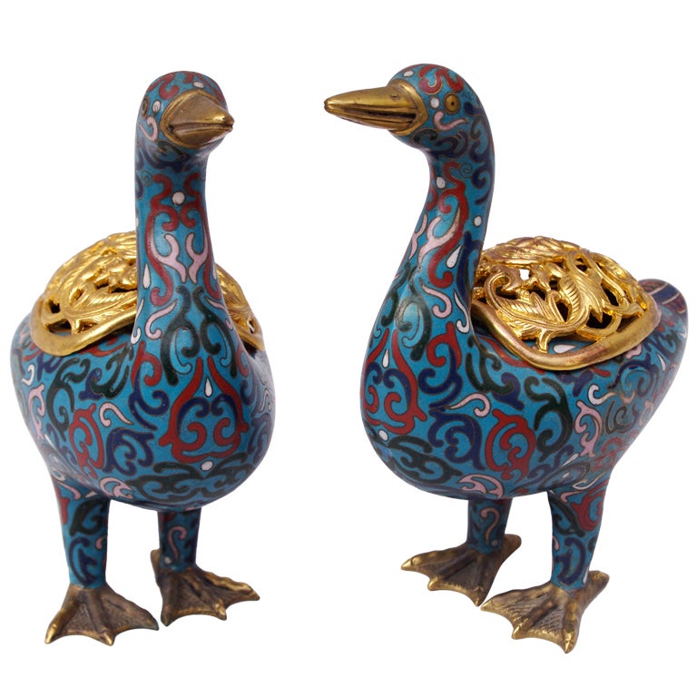 Pair Of ca. 1900 Cloisonne Ducks Perfume Burners