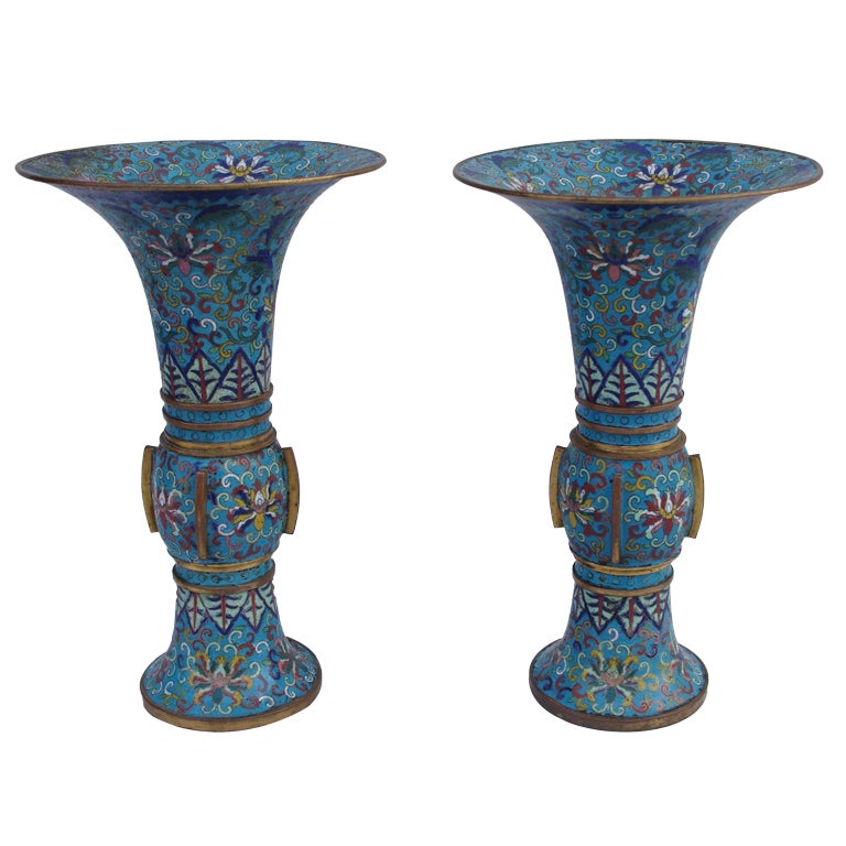 18th Century Pair Of Chinese Cloisonne Enamel Trumpet Vases