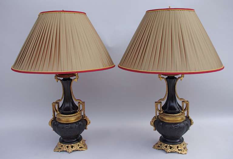 Pair Of 19th C. Large Lamps With Lion Heads
