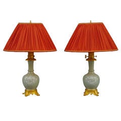 Pair Of 19th C. Celadon Lamps Signed And Documented Gagneau