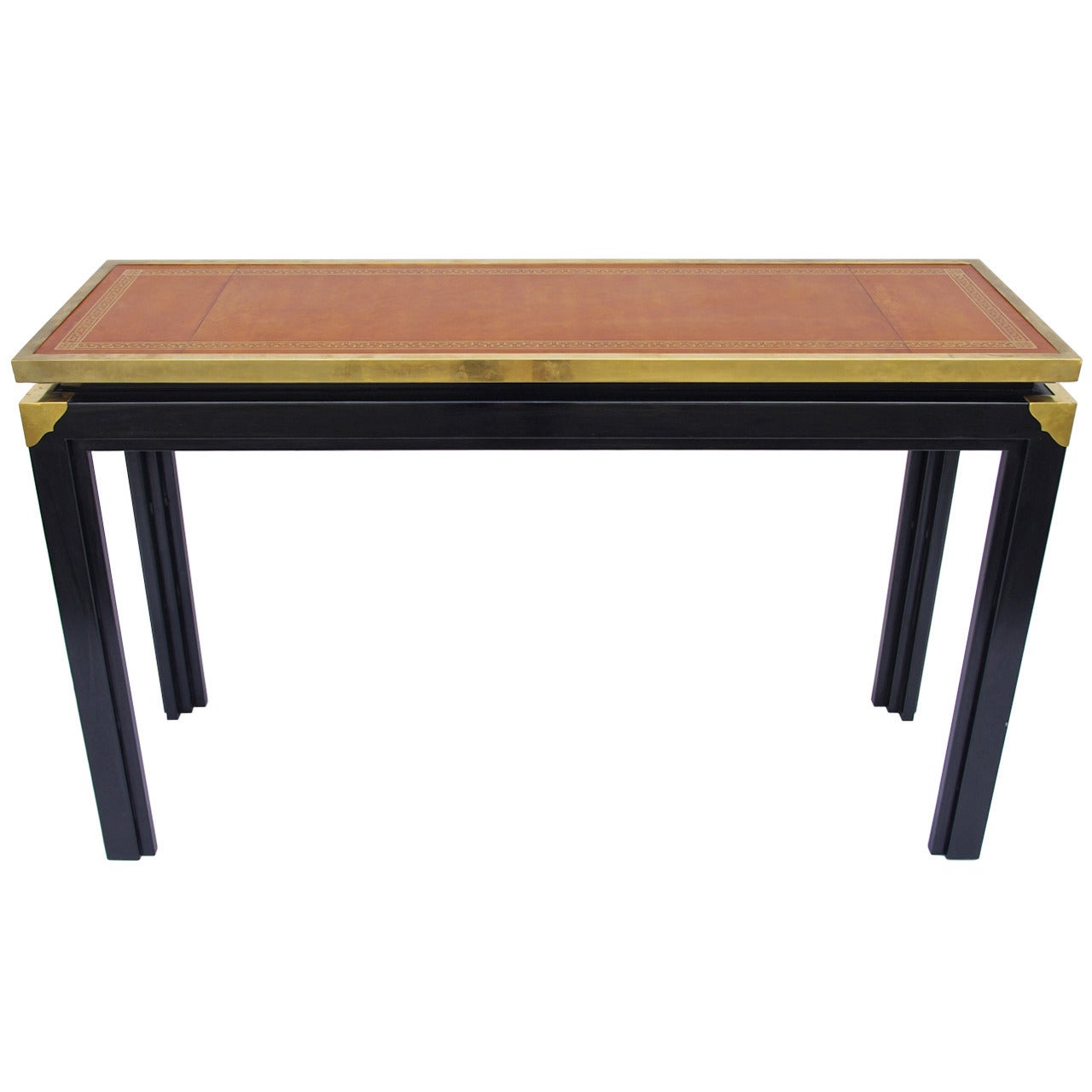 Long Chinese Style Black Lacquer Console with Leather Top, circa 1970