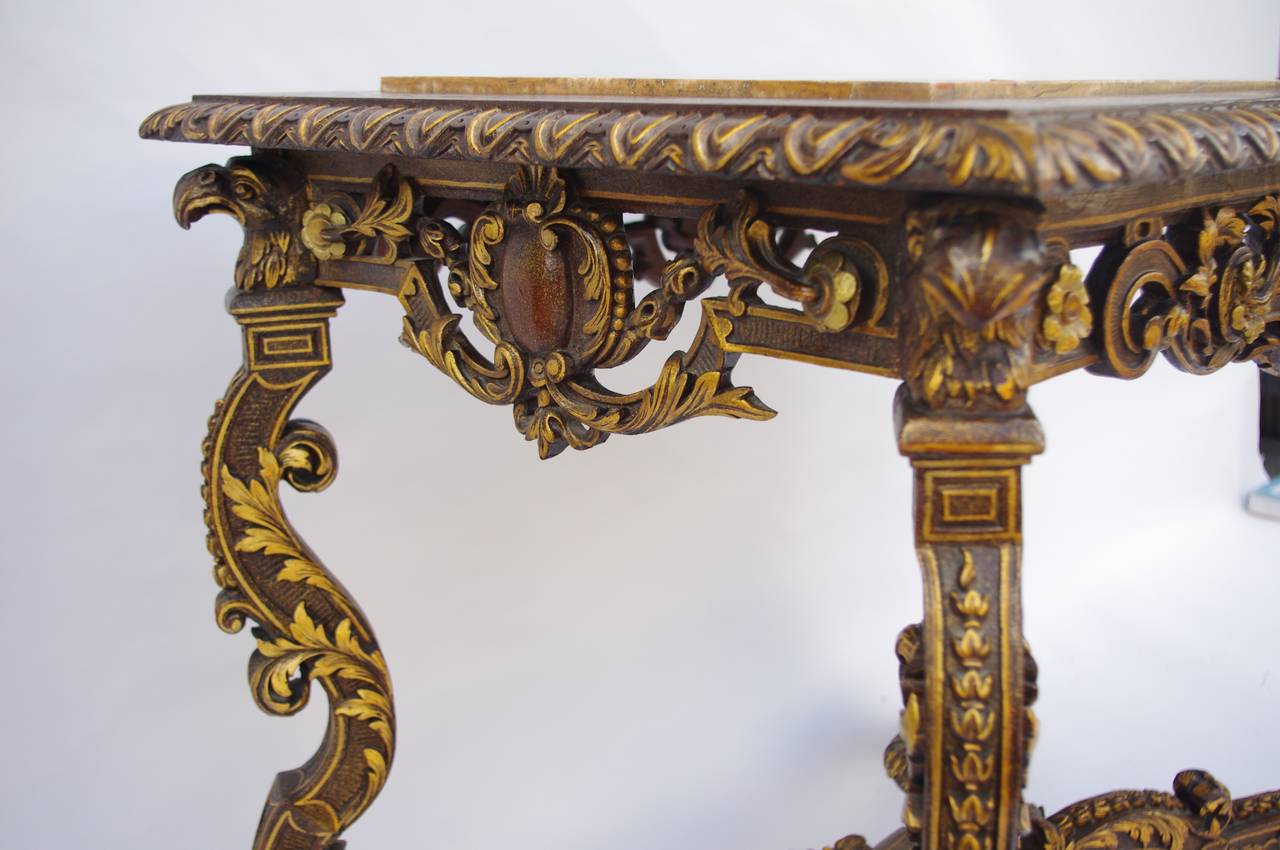 . 1880
. Louis XIV style / Regency style
. Gilt with aventurine technique (gold powder) 
. Marble top
