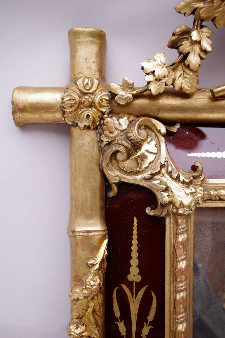 19th Century Gilt Wood Mirror Bamboo Style with Engraved Red Glass