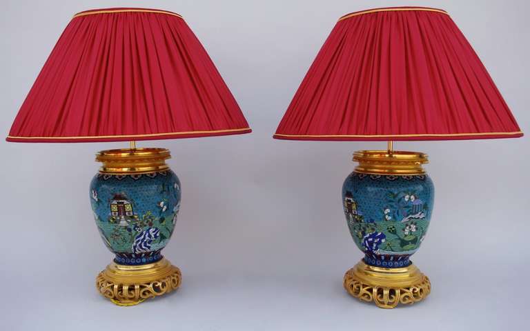 . Enameled cloisonné
. 19th century
. Gilded bronze
. Wired
. Color of shades can be changed