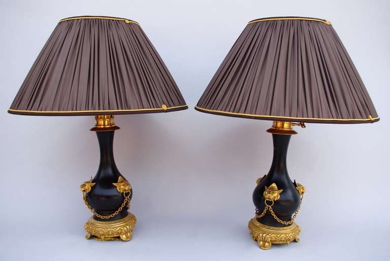 19th C. Pair Of Lions Heads Lamps