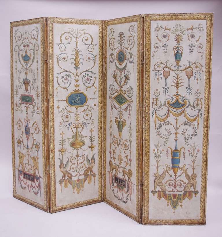 Circa 1900 Directoire style Painted Screen Divider with grotesque painted