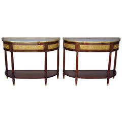 Pair of Unusual Louis XVI Style Console Tables with Three Drawers, circa 1900