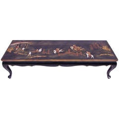 Very Long Lacquered Coffee Table with Asian Decor, circa 1940