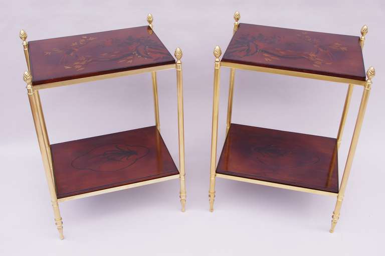 Pair of side tables with two brown Chinese lacquered top from 1970