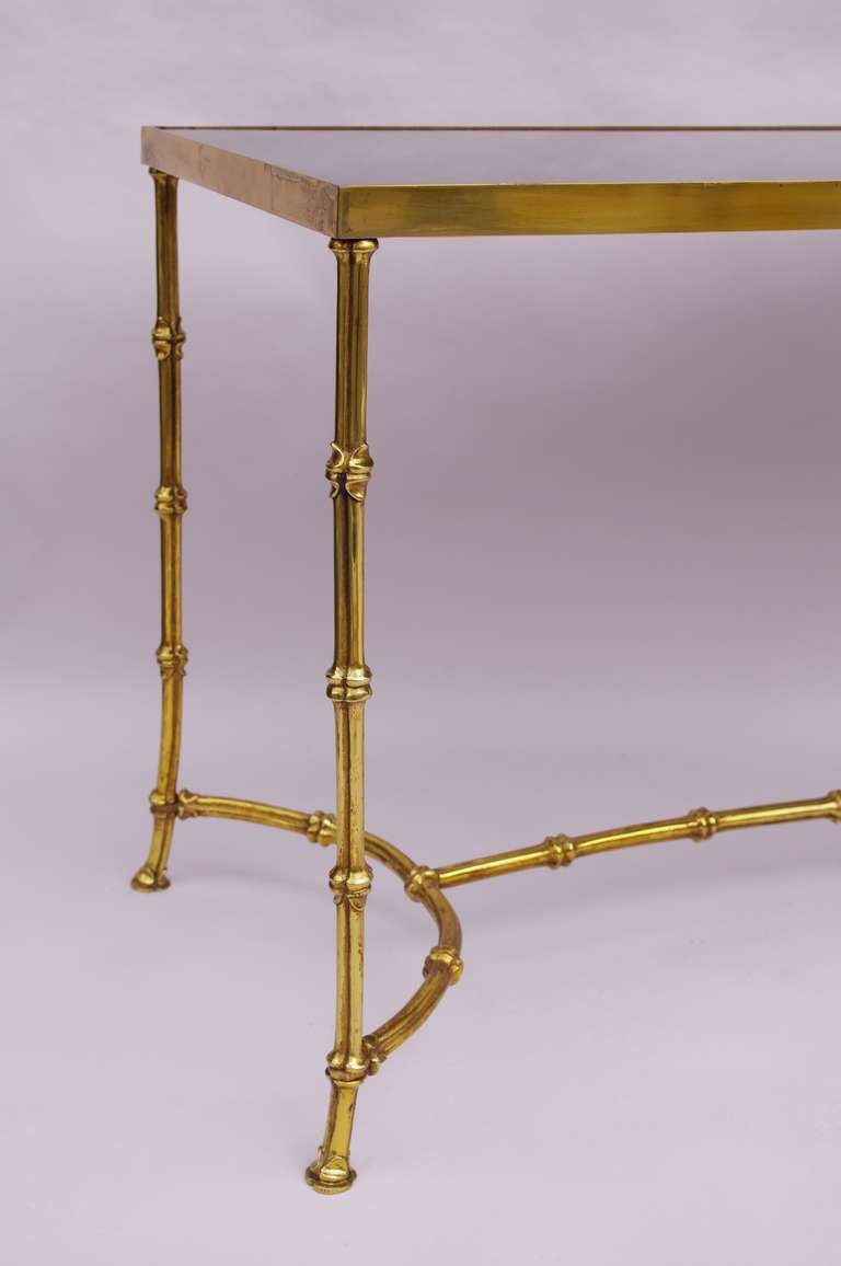 French 1960 Pair of Bamboo Style Golden Bronze Side Tables with Black Glass Top