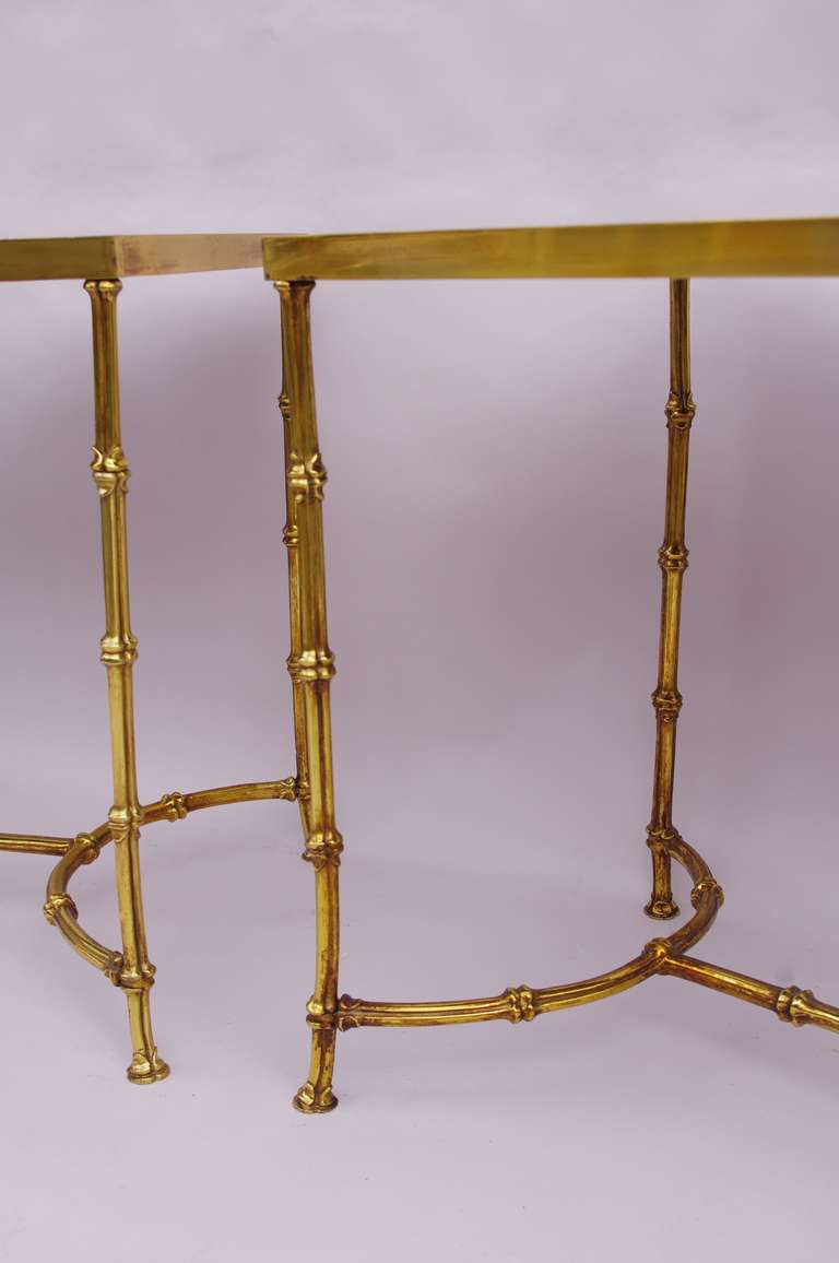 1960 Pair of Bamboo Style Golden Bronze Side Tables with Black Glass Top 2