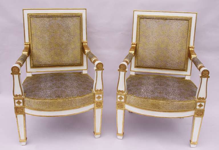 Pair of Empire Period White Lacquered Armchairs Stamped J. Michel