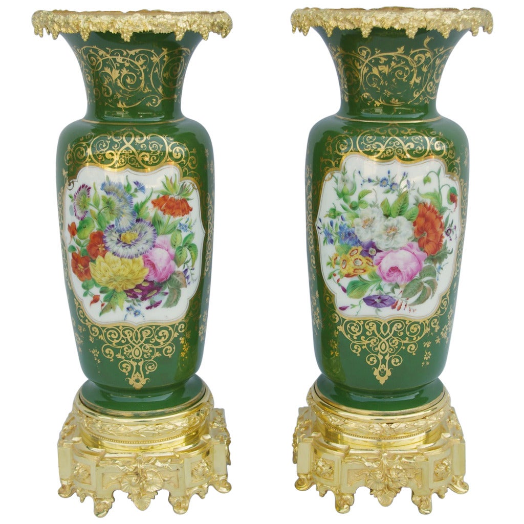 Pair of Large Green Porcelain Vases, circa 1880 For Sale at 1stdibs