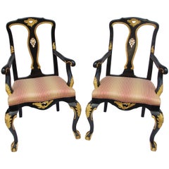 Vintage Pair of Chippendale style armchairs, carved and lacquered wood, 20th century