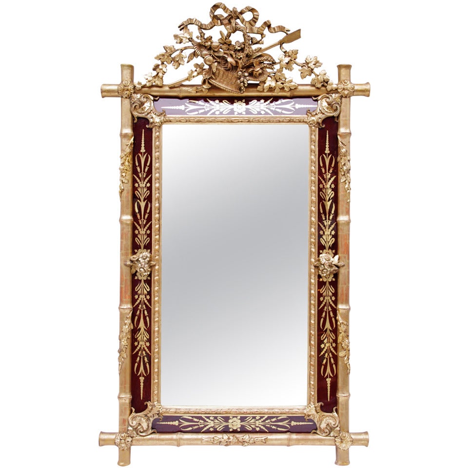 Gilt Wood Mirror Bamboo Style with Engraved Red Glass