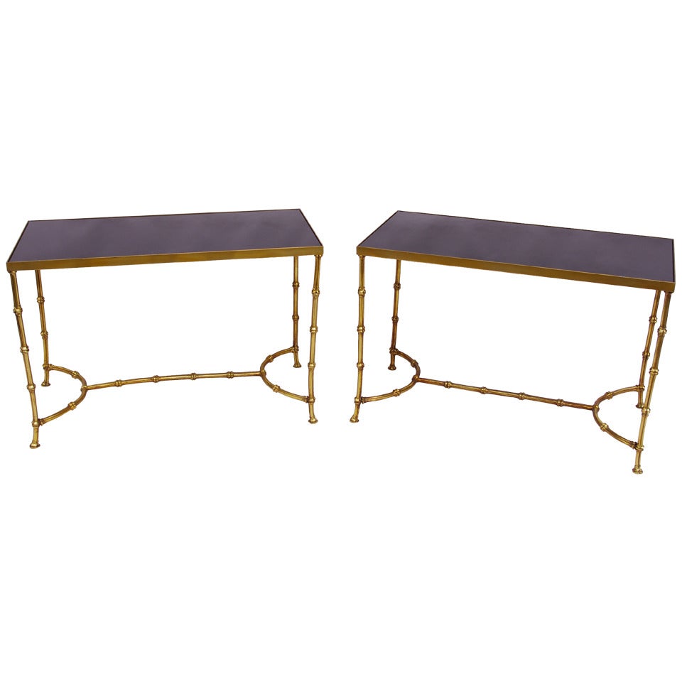 1960 Pair of Bamboo Style Golden Bronze Side Tables with Black Glass Top