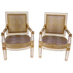 Antique Pair of Empire Period White Lacquered Armchairs Stamped J. Michel