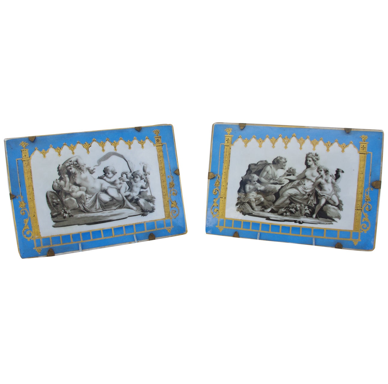 Pair of rectangular porcelain plates with antique scenes, early 19th century For Sale